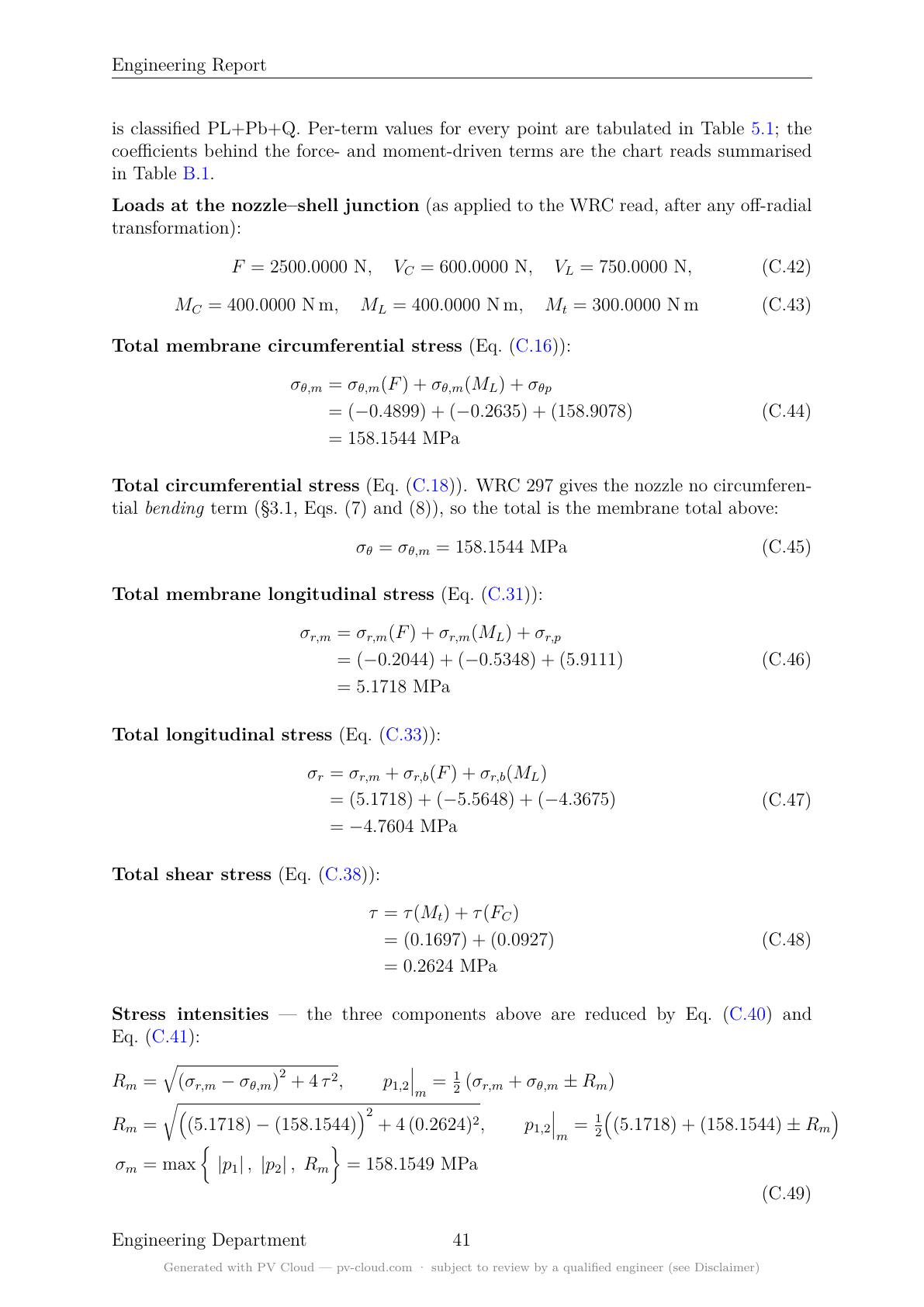 A page of the PV Cloud report — the same WRC local-stress calculation, typeset with every equation and value